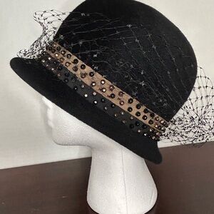 Elegant Black Cloche Hat with Netting and Beaded Trim